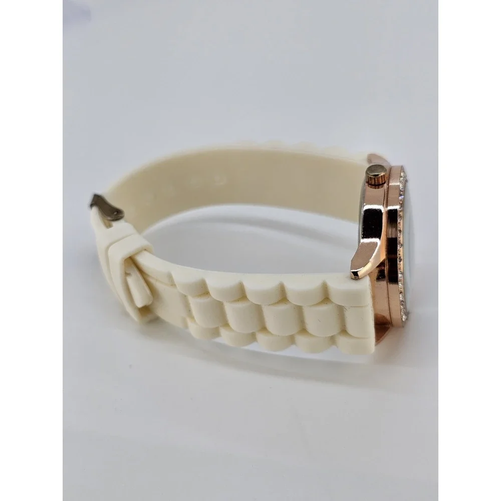 Women Analog Watch 38MM White Dial Crystal Bezel Cream Plastic Bands NEW Battery